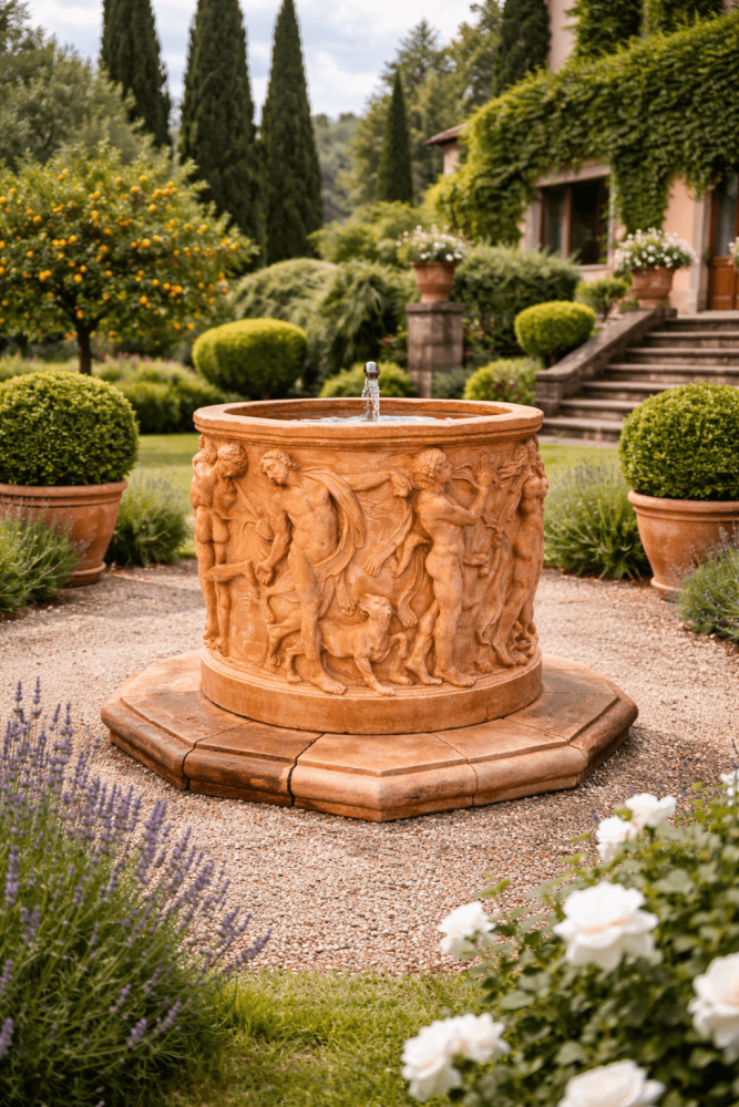 Pozzo – grand bassin d’eau artistique en terre cuite d’Impruneta avec motifs mythologiques